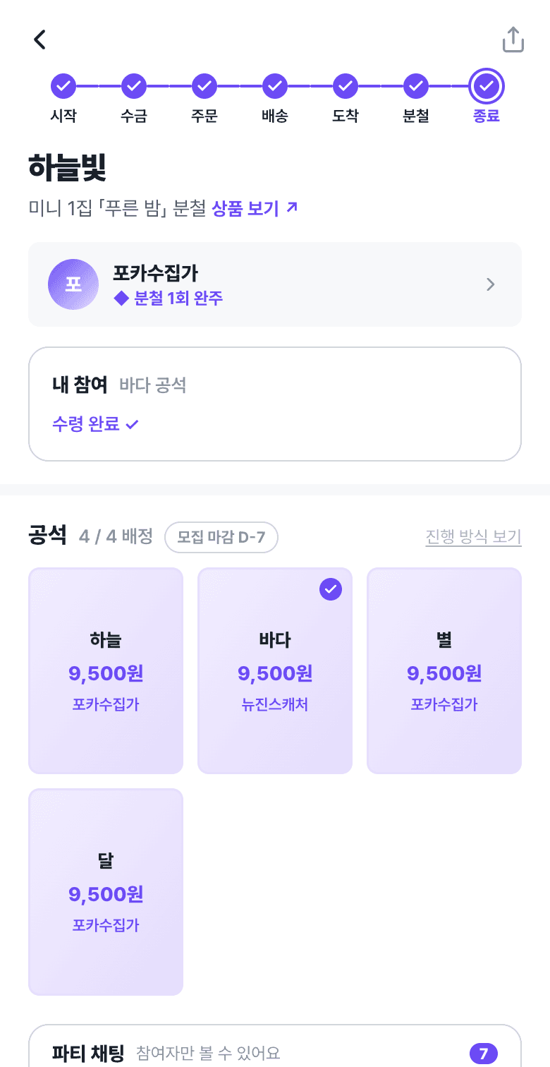 종료된 파티 — 전 단계가 체크된 스테퍼와 총대 이름 옆 ◆ 분철 1회 완주 뱃지