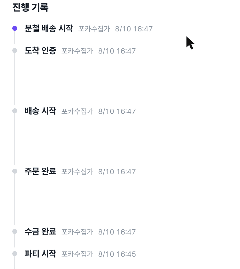 진행 기록 타임라인 — 파티 시작부터 분철 배송 시작까지 누가 언제 올렸는지 기록